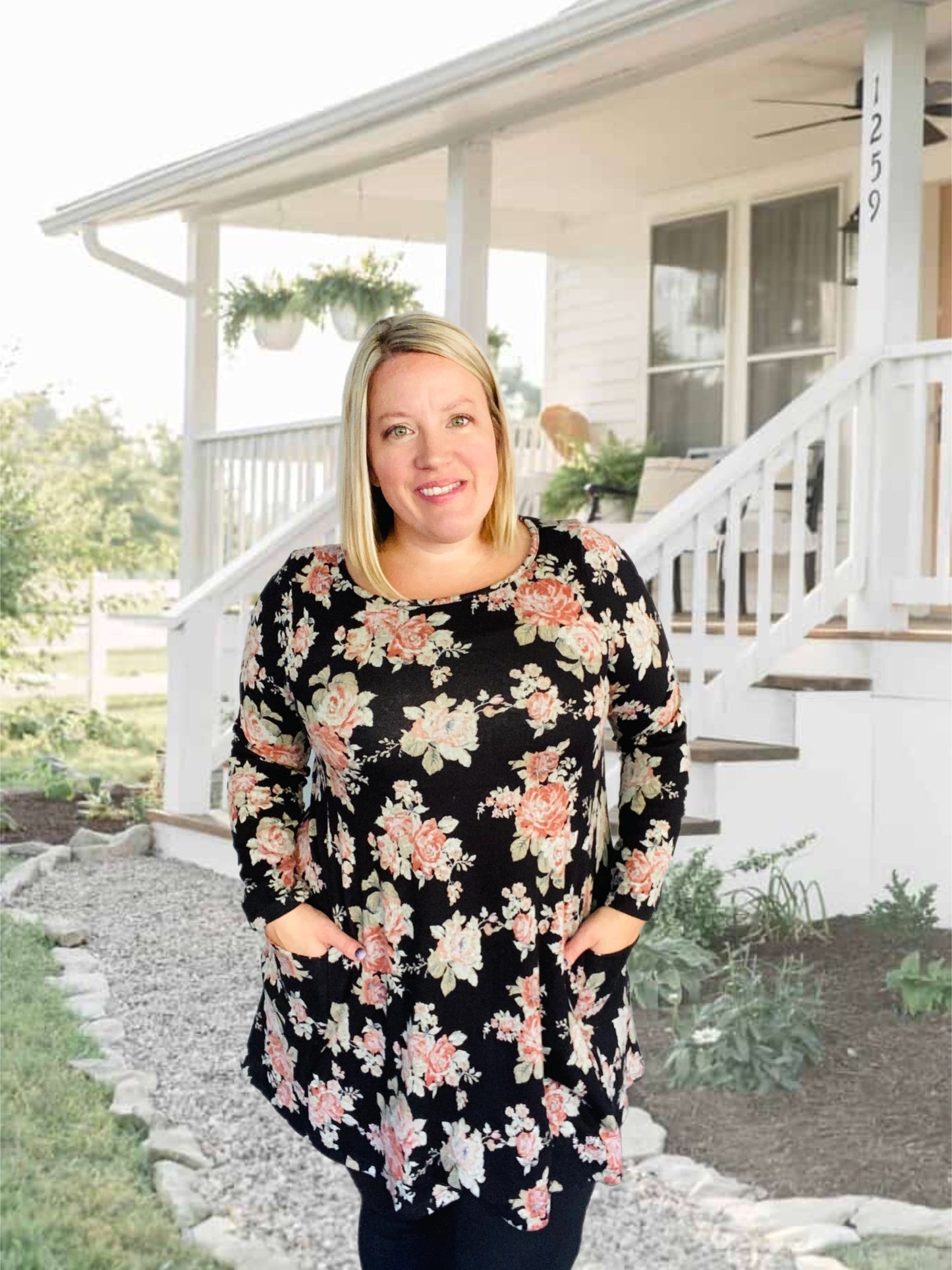 Hacci Floral Knit Tunic Dress with Pockets