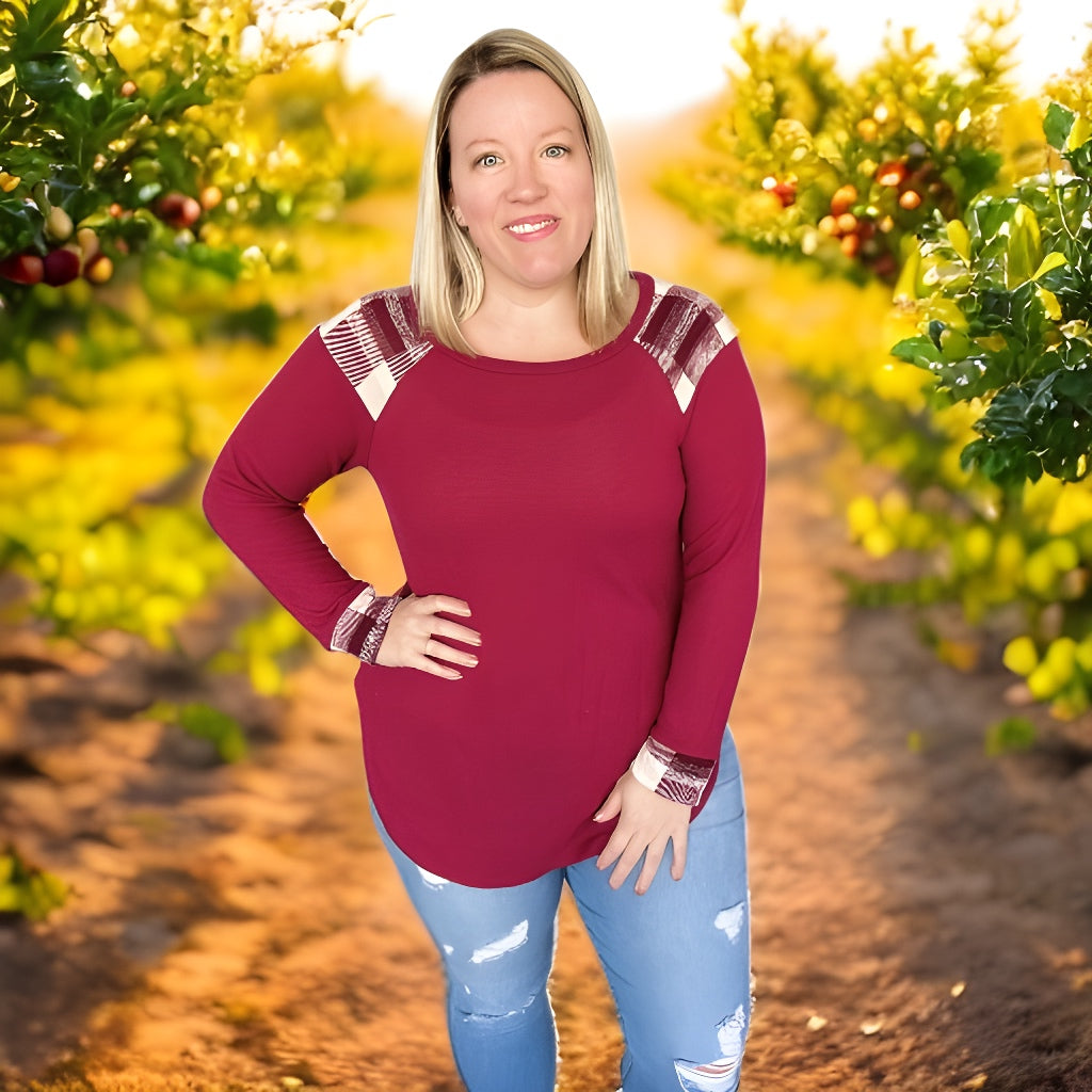 Burgundy Plaid Long Sleeve Top