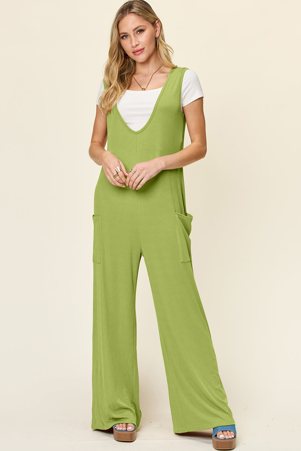 Double Take Full Size Sleeveless Wide Leg Jumpsuit with Pockets