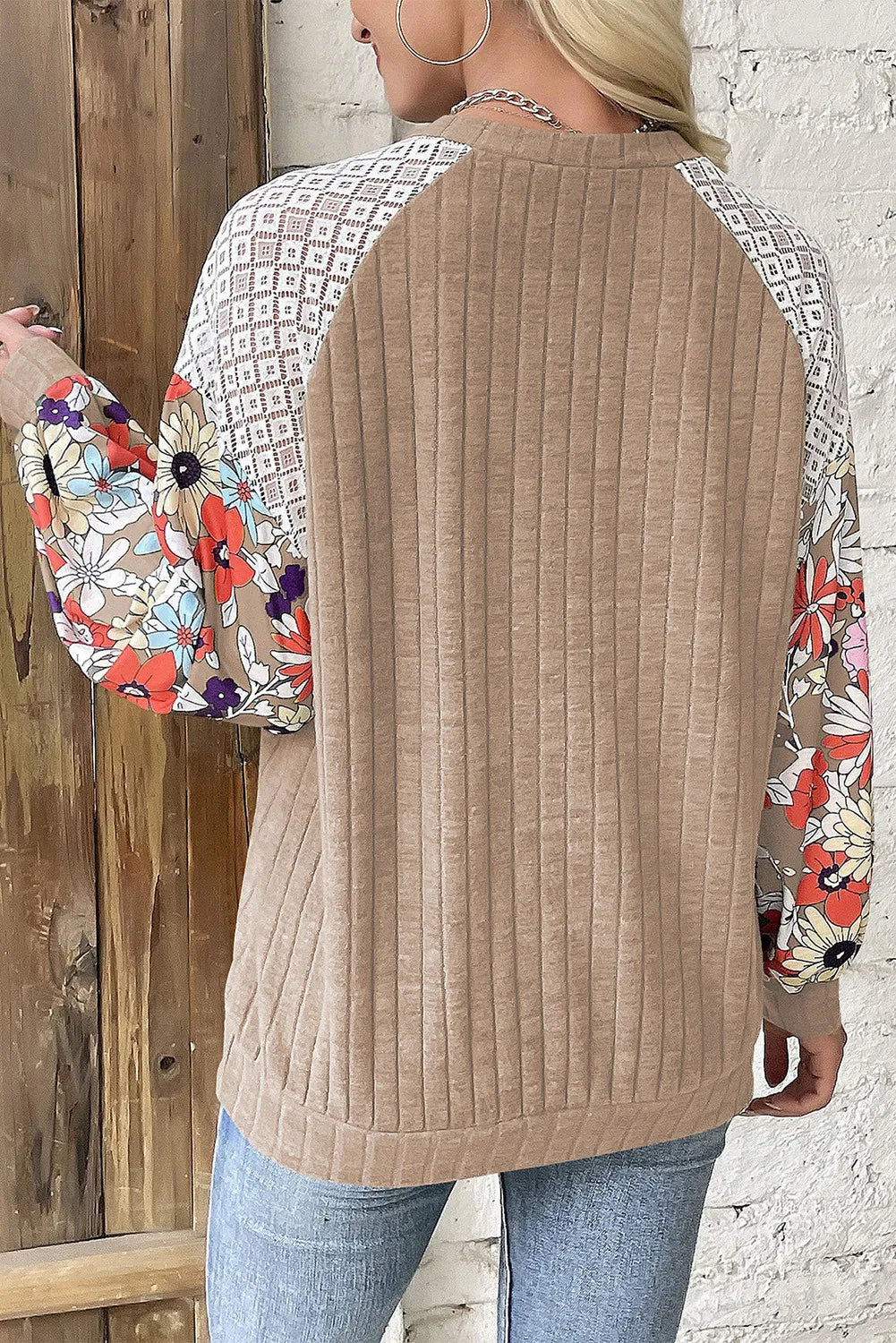 Printed Round Neck Lace Long Sleeve Top