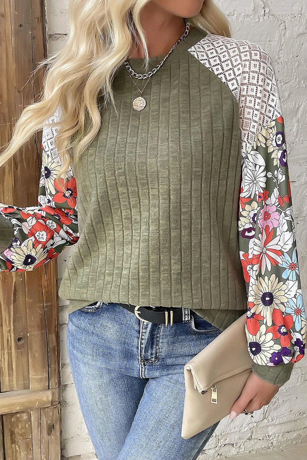 Printed Round Neck Lace Long Sleeve Top