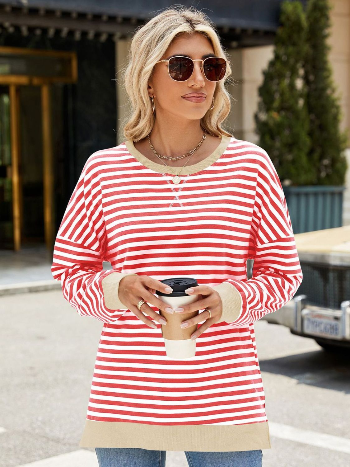 Slit Striped Round Neck Long Sleeve Sweatshirt - more colors!