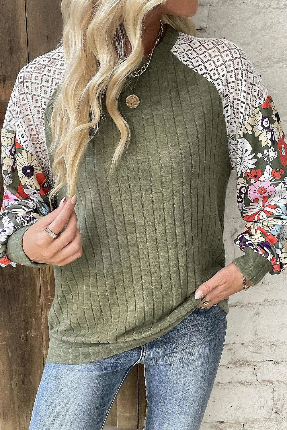 Printed Round Neck Lace Long Sleeve Top