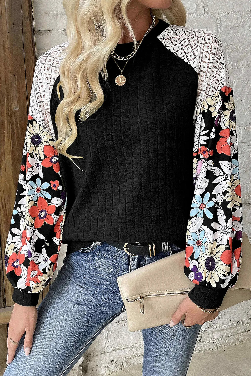 Printed Round Neck Lace Long Sleeve Top