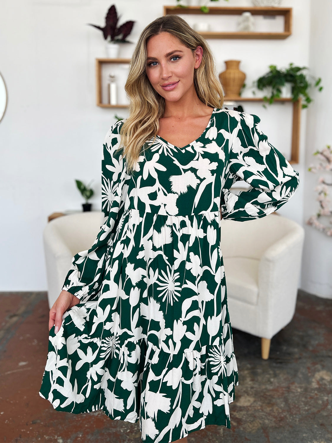 Double Take Full Size Printed Ruffle Hem Long Sleeve Dress