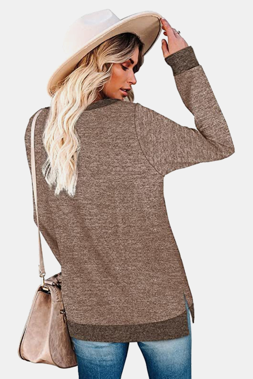 Round Neck Long Sleeve Slit T-Shirt