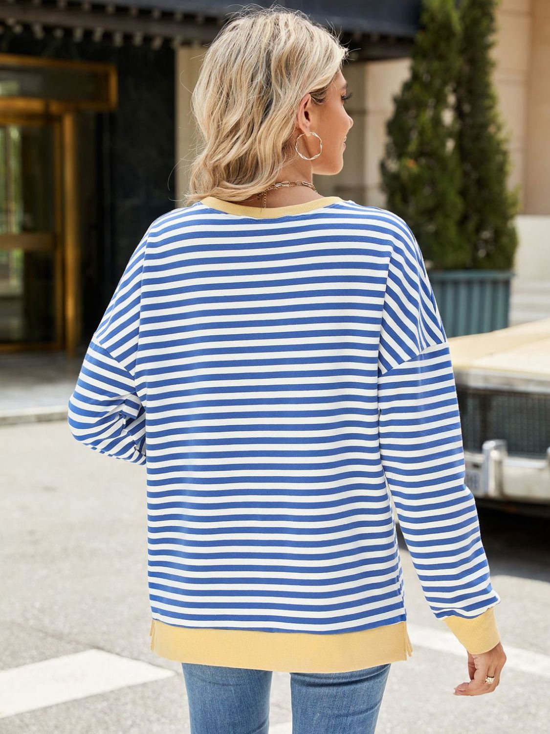 Slit Striped Round Neck Long Sleeve Sweatshirt - more colors!