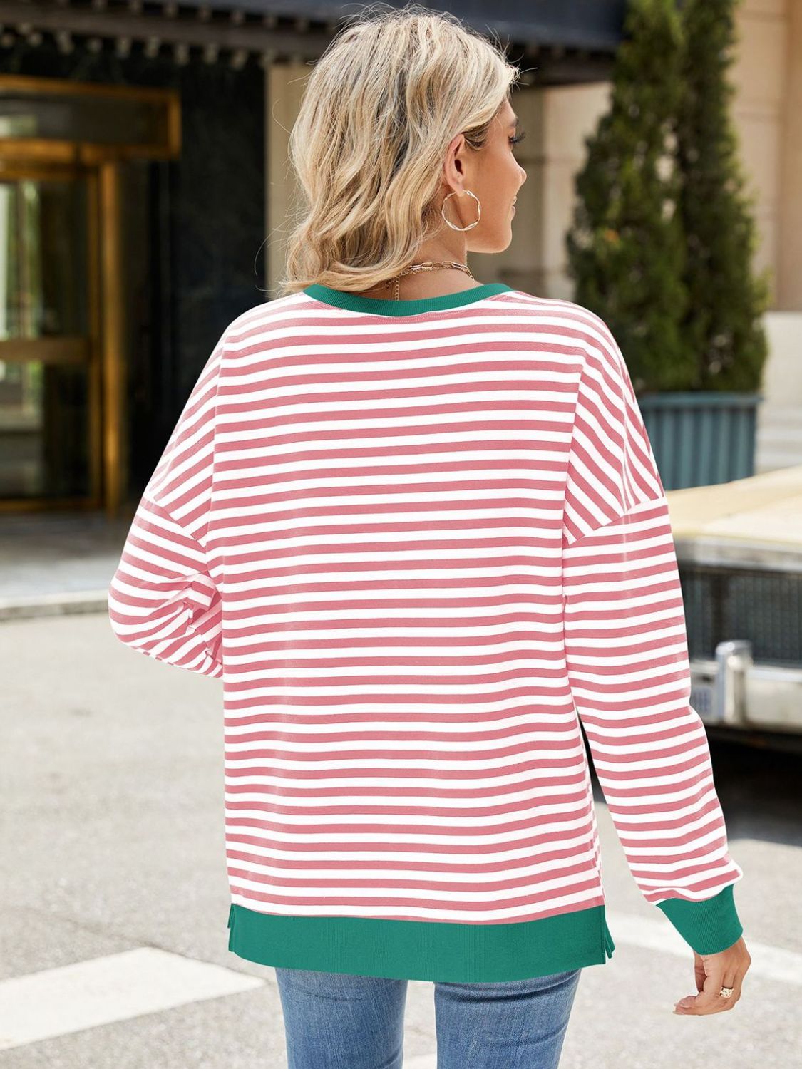 Slit Striped Round Neck Long Sleeve Sweatshirt - more colors!