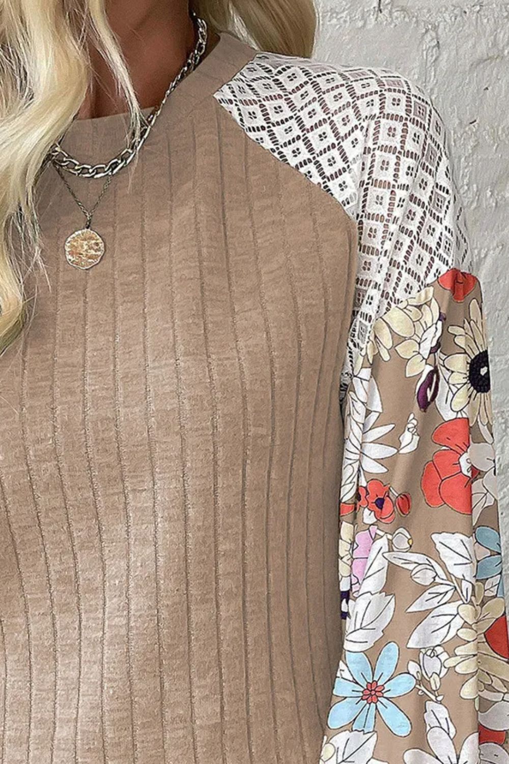 Printed Round Neck Lace Long Sleeve Top