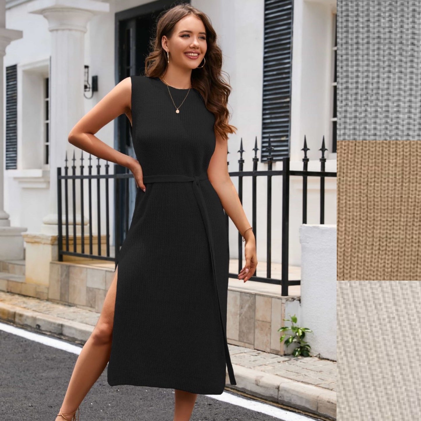 Round Neck Tie Belt Slit Sleeveless Sweater Dress