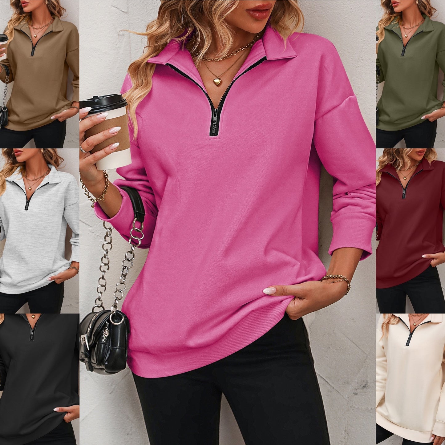 Zip-Up Dropped Shoulder Sweatshirt