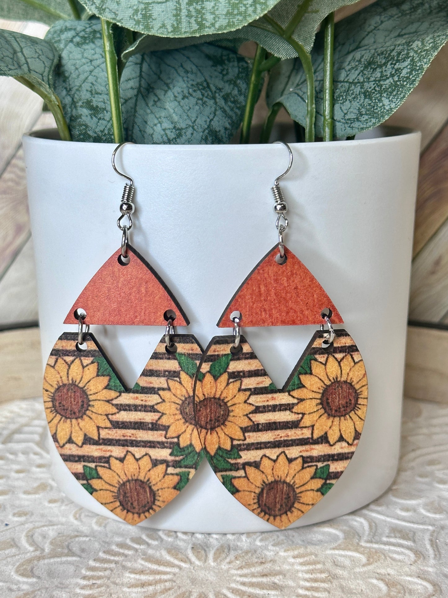 Large Wooden Sunflower Earrings