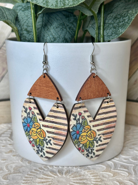 Large Wooden Floral Stripe Earrings