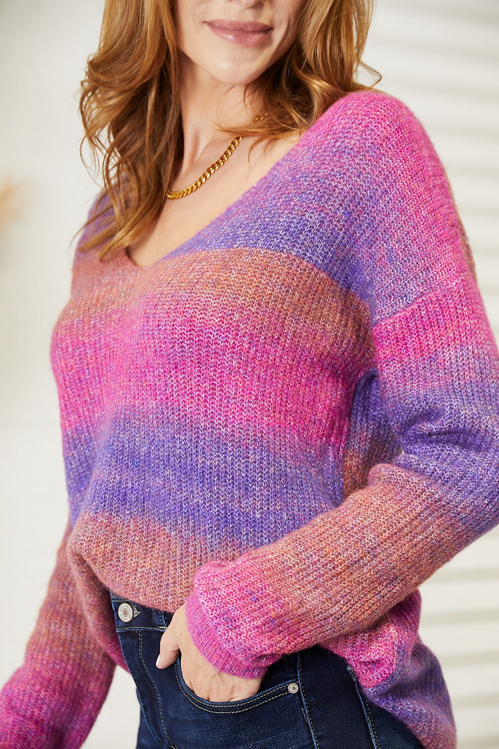 Double Take Multicolored Gradient Rib-Knit V-Neck Knit Pullover Sweater