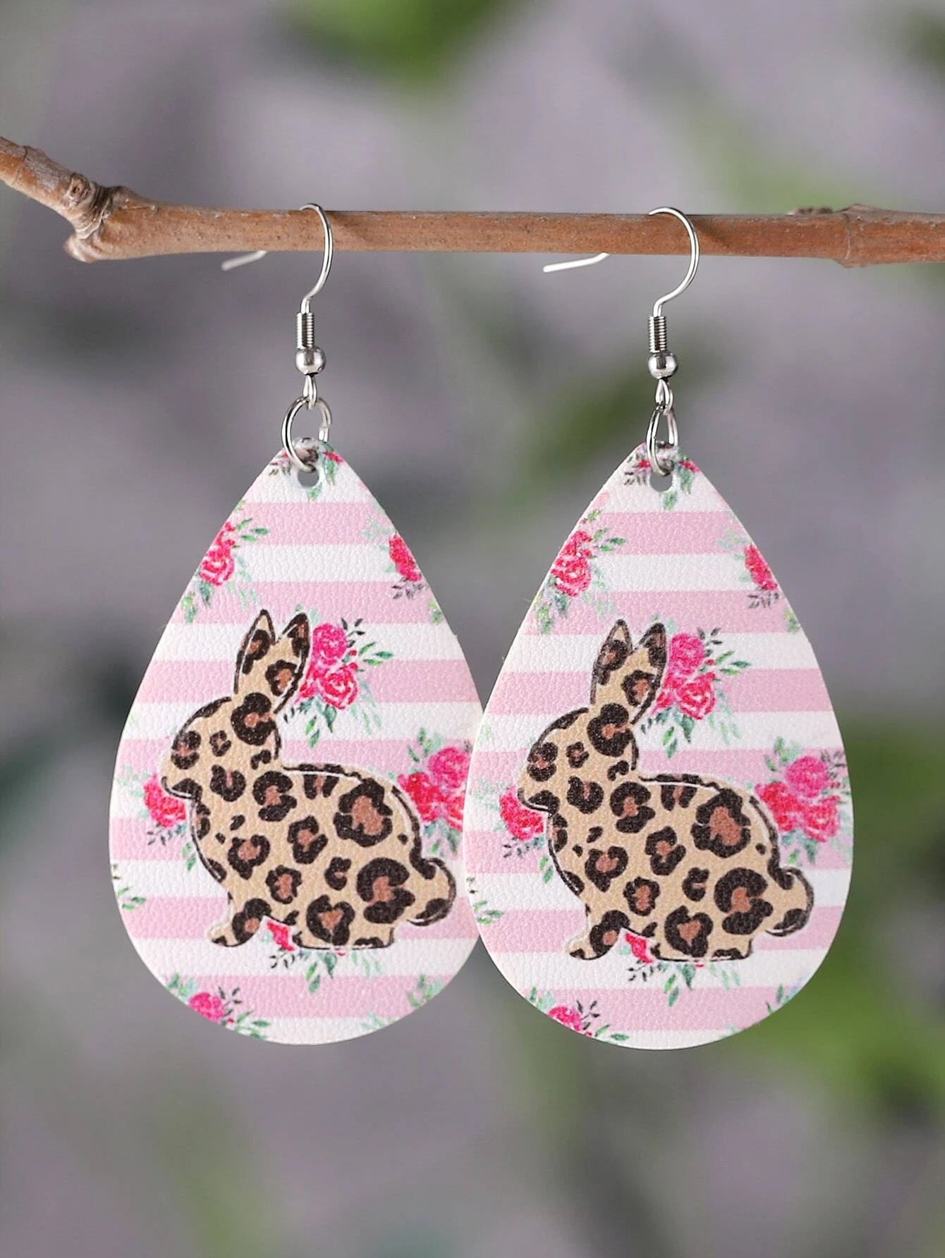 Floral Leopard Bunny Faux Leather Earring