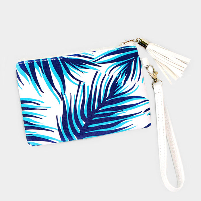 Blue Tropical Leaf Wristlet Pouch