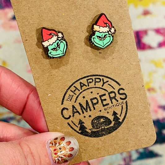 Wood Grinch Stud Earrings