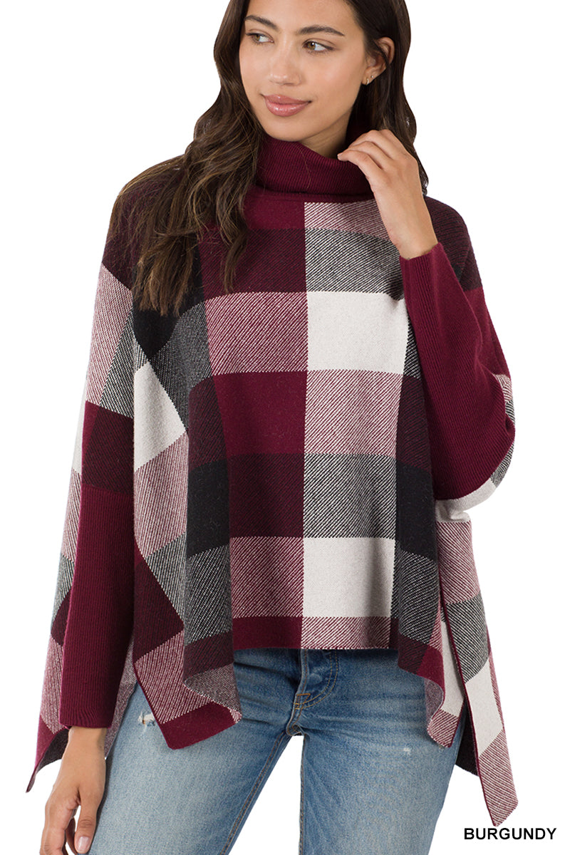 XS Plaid Poncho Sweater - Burgundy