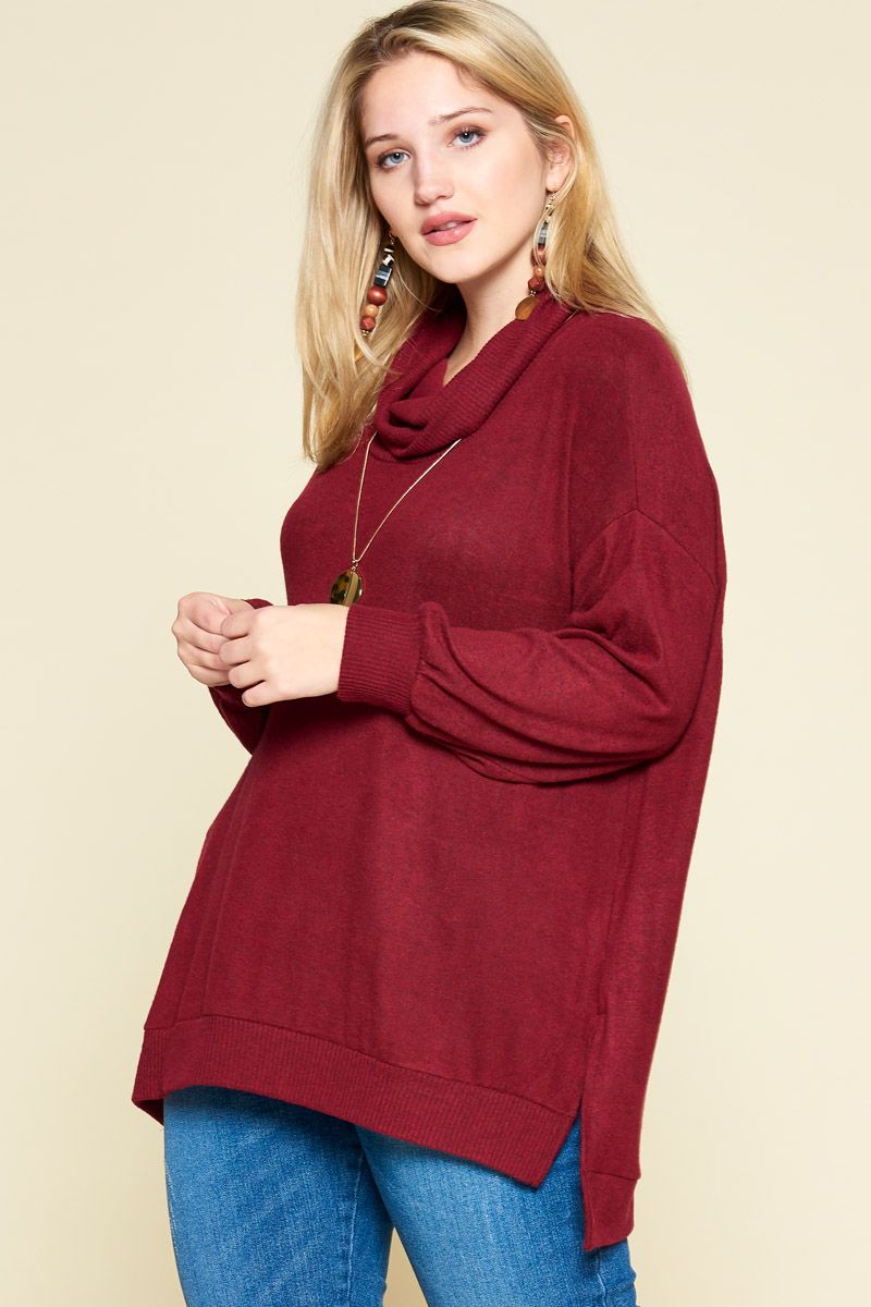 Soft & Cozy Hacci Cowl Neck Pullover - WINE