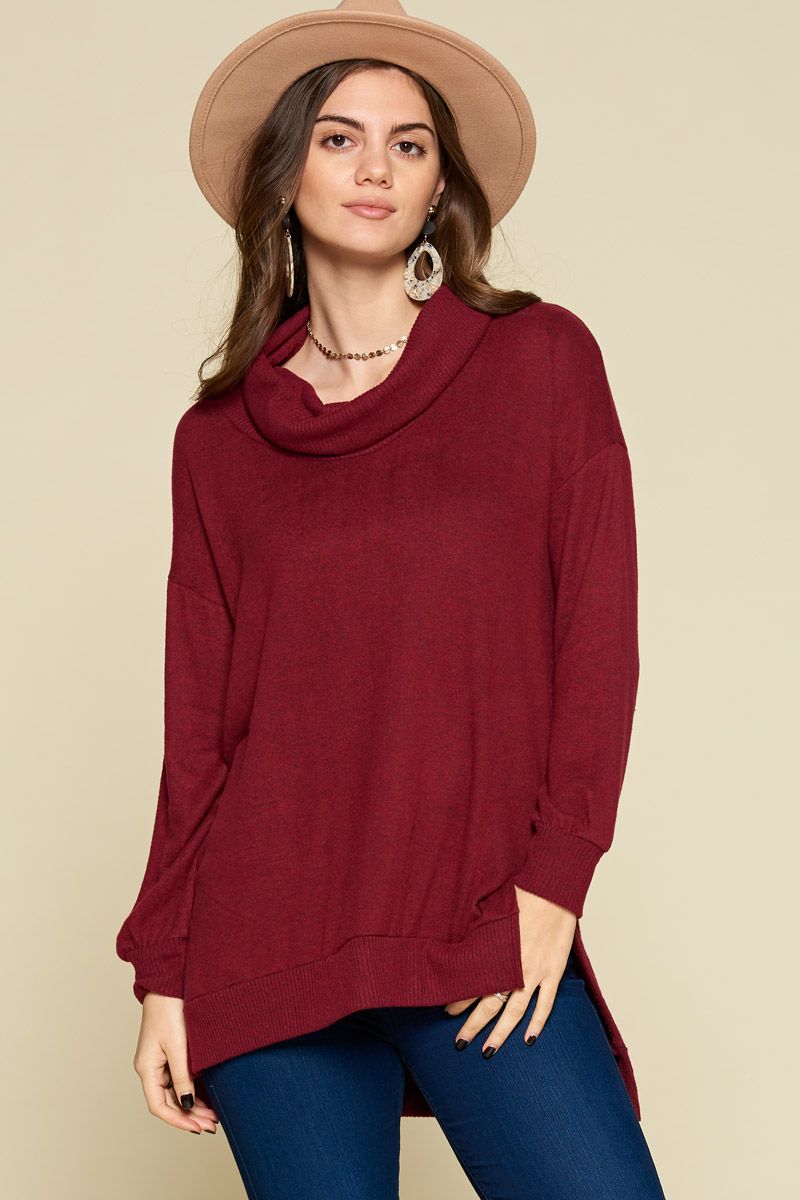 Soft & Cozy Hacci Cowl Neck Pullover - WINE