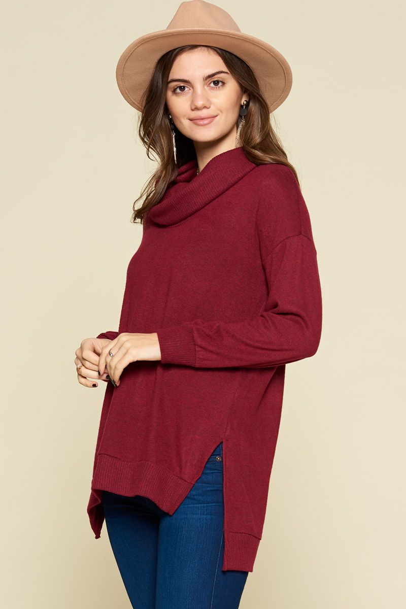 Soft & Cozy Hacci Cowl Neck Pullover - WINE