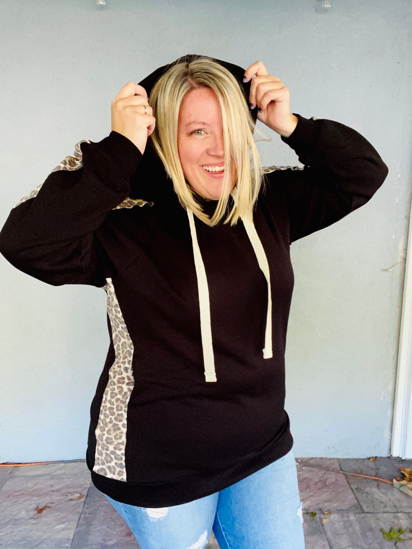 Leopard Side Panel Hoodie - Black