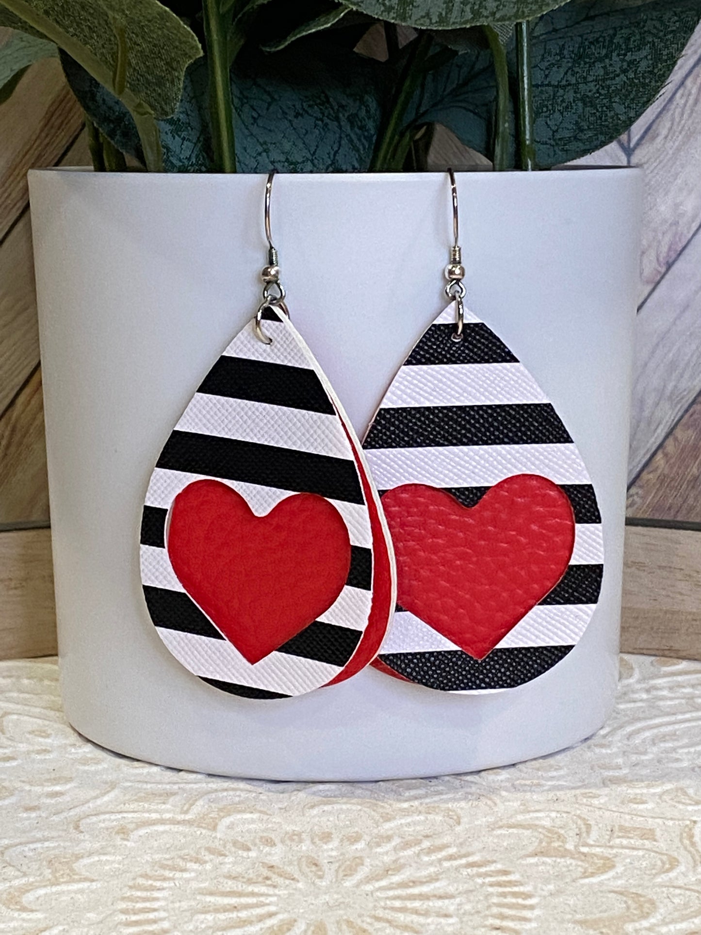 Hearts & Stripes Double Stacked Teardrop Faux Leather Earrings