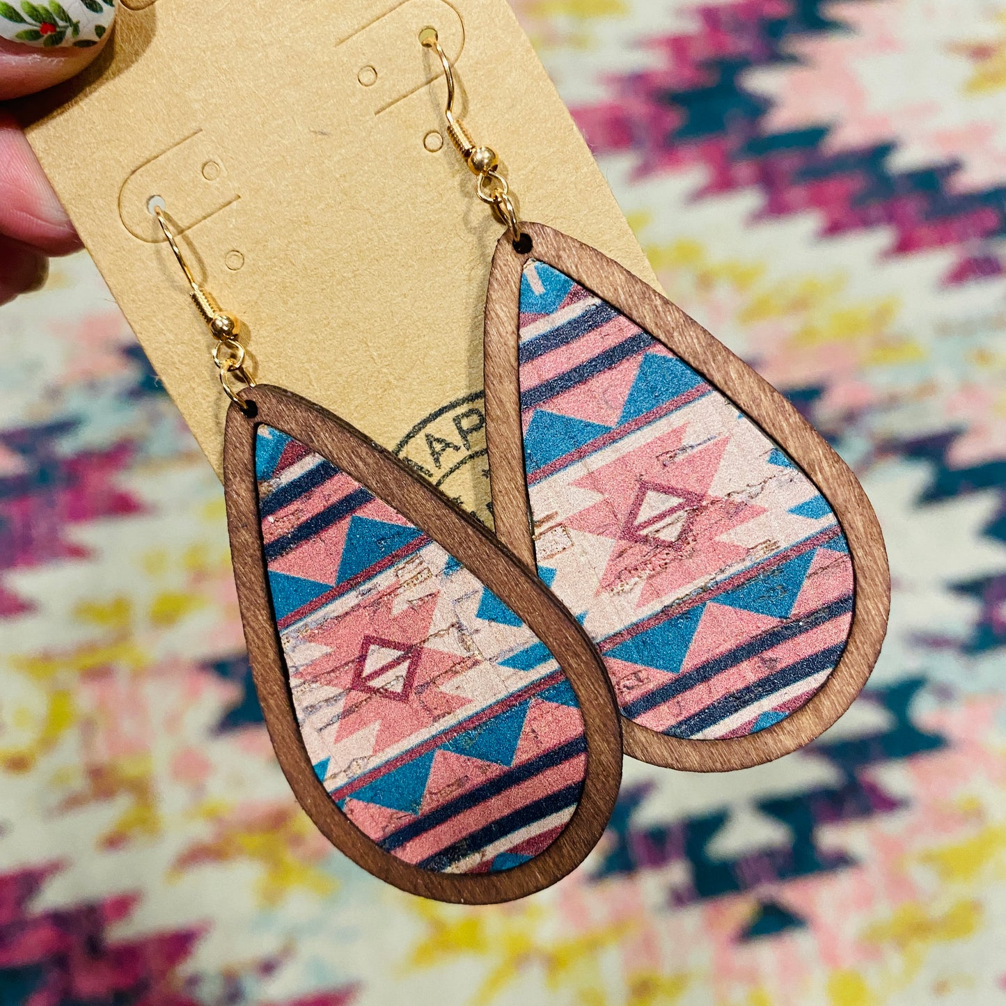 Southwestern large wood Teardrop Earrings