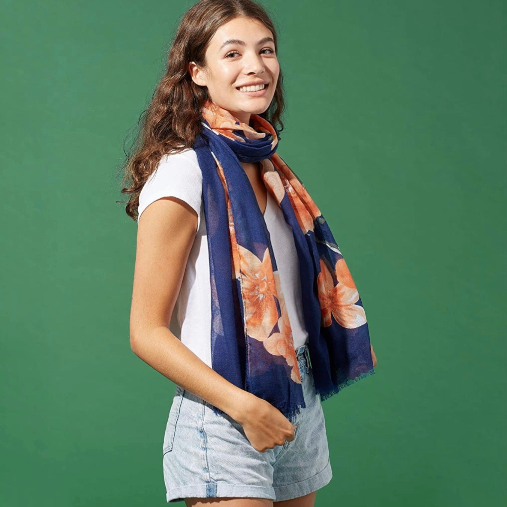 Blue Floral Lightweight Scarf