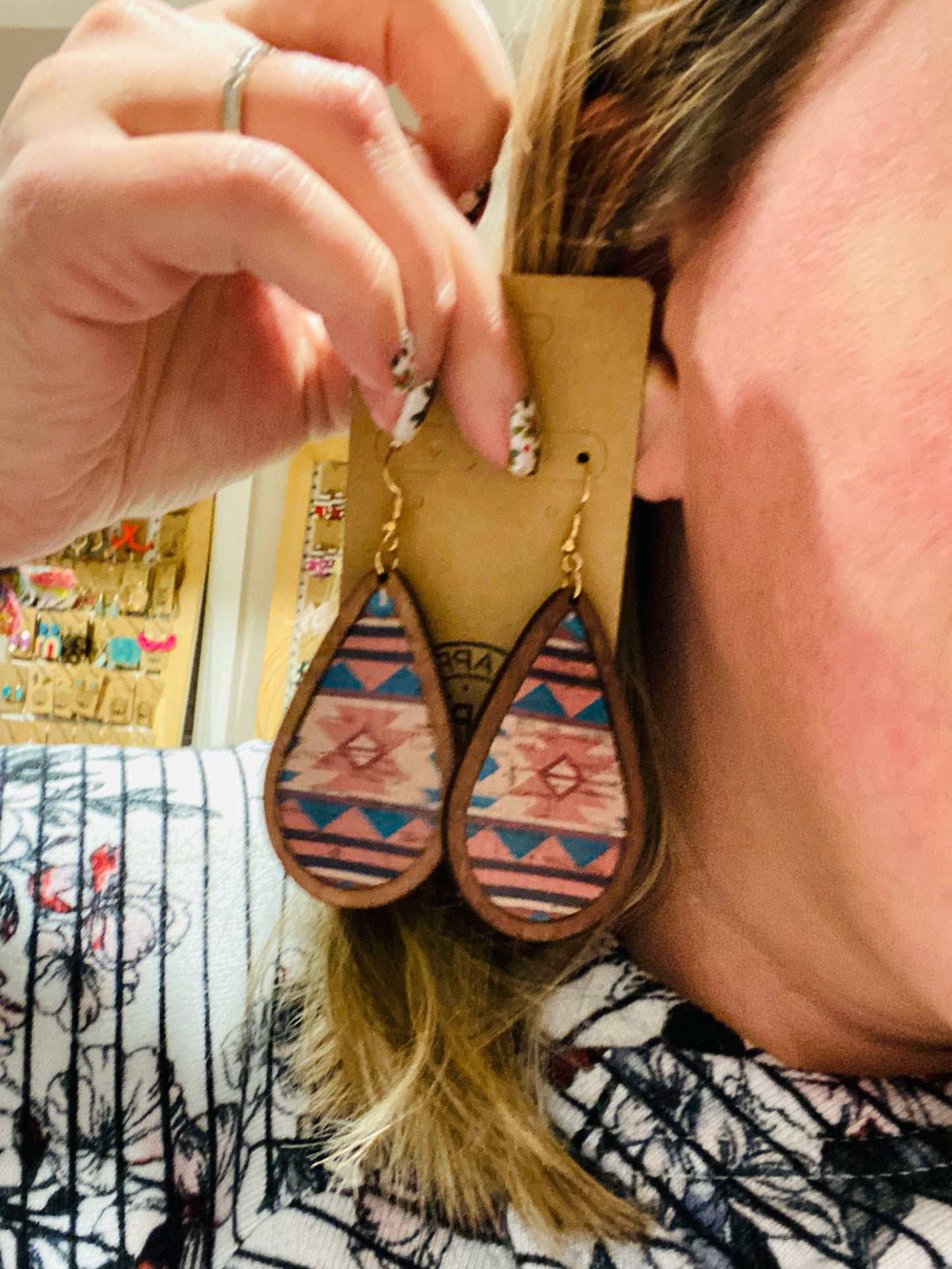 Southwestern large wood Teardrop Earrings