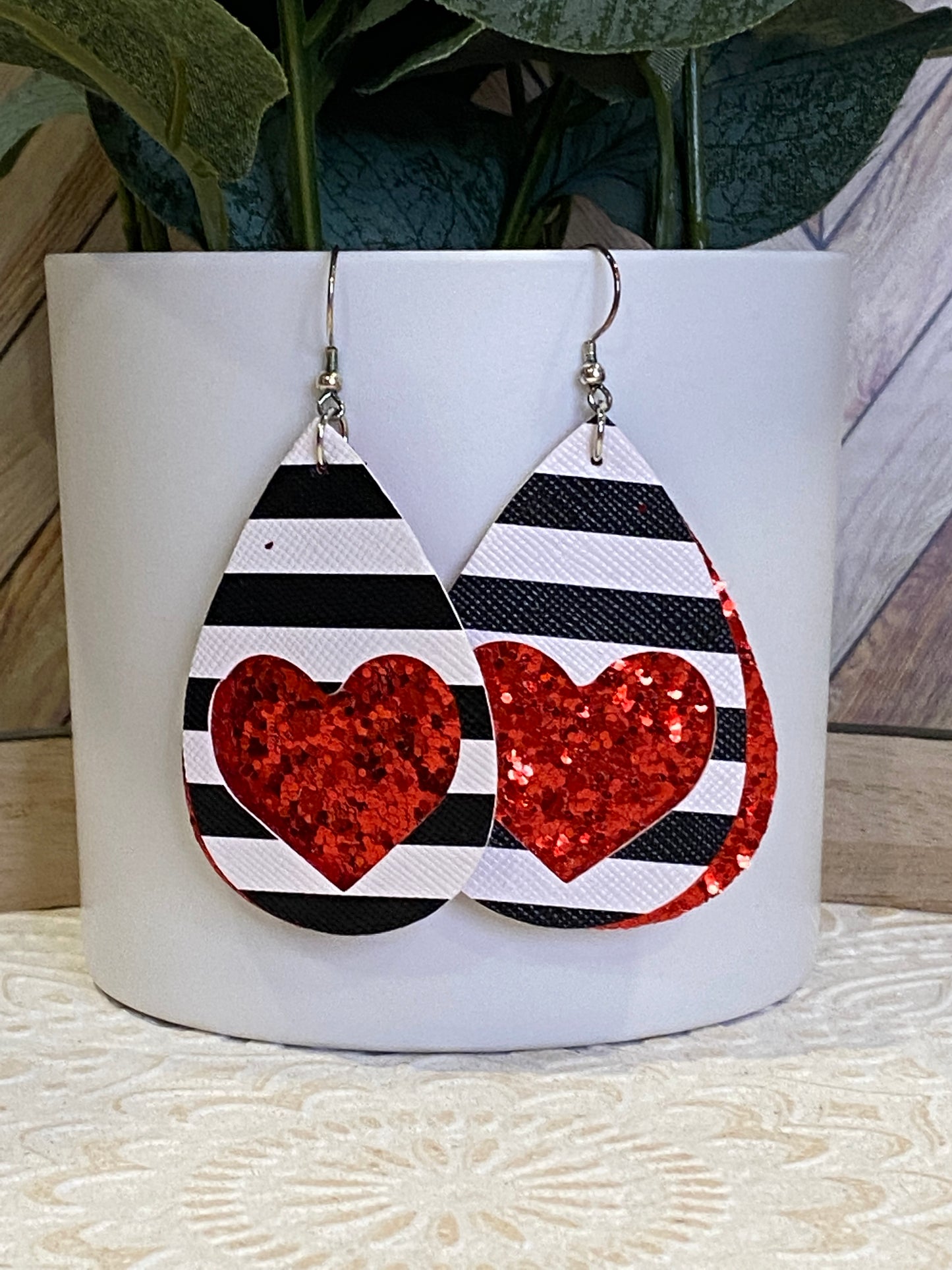 Hearts & Stripes Double Stacked Teardrop Faux Leather Earrings