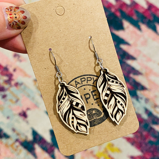 Feather Dangle Earrings - Wood