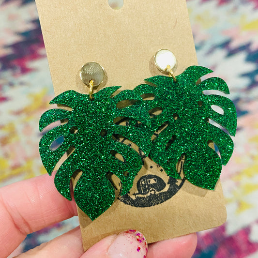 Glitter Monstera Leaf Dangle Earrings