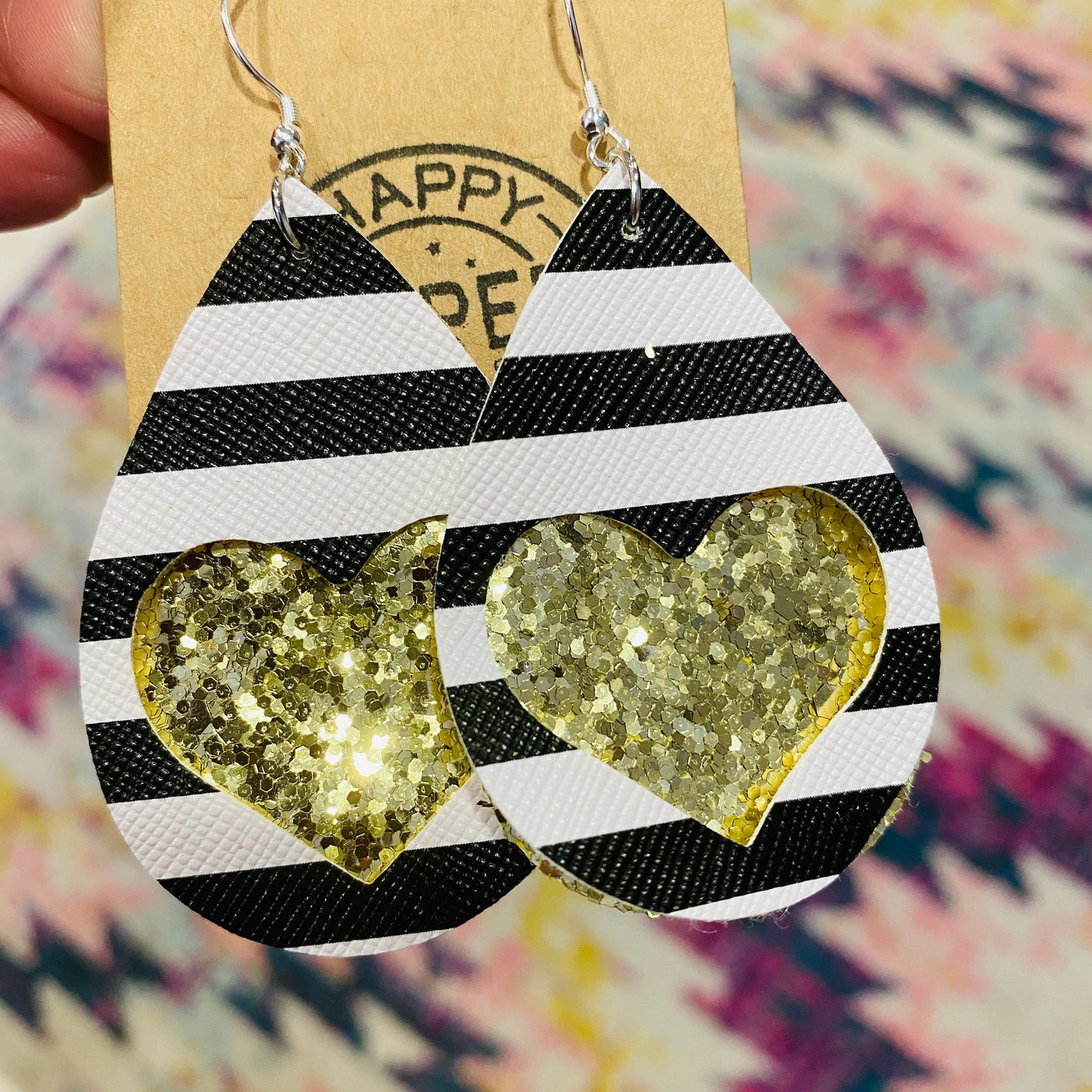 Hearts & Stripes Double Stacked Teardrop Faux Leather Earrings