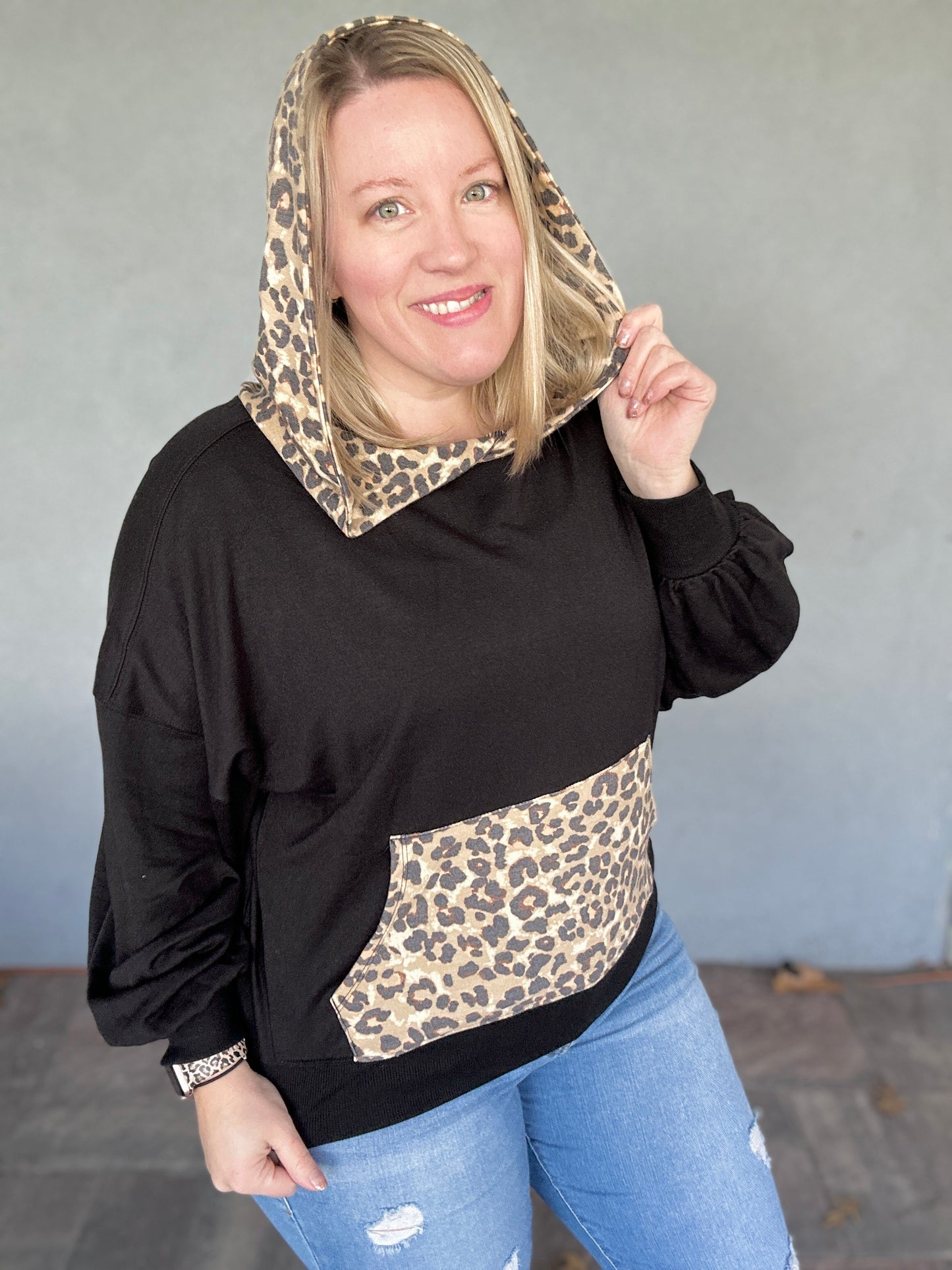 Balloon Sleeve Black Leopard Hoodie