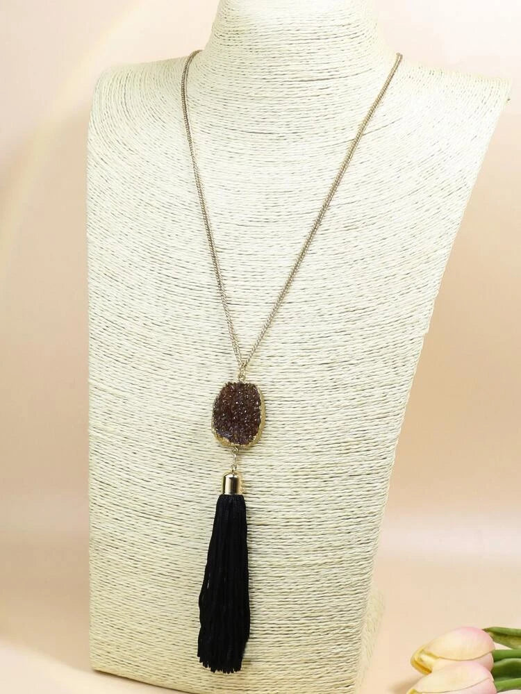 Druzy Tassel Charm Necklace