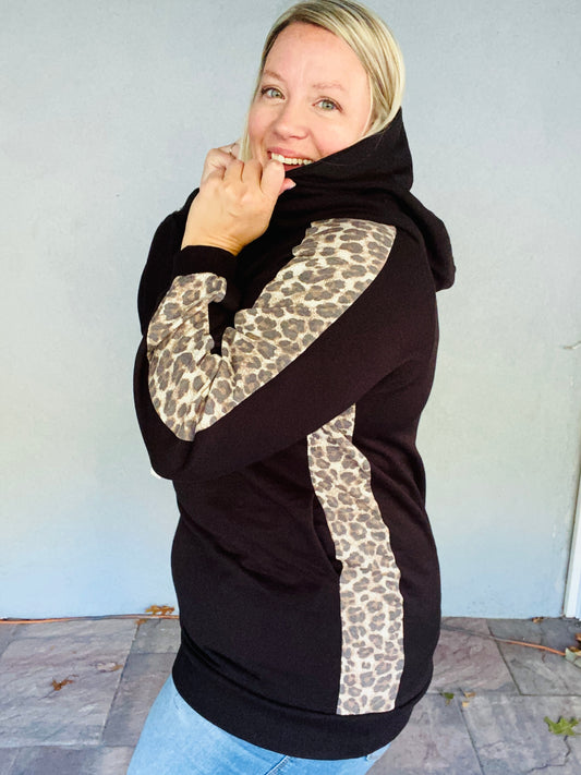 Leopard Side Panel Hoodie - Black