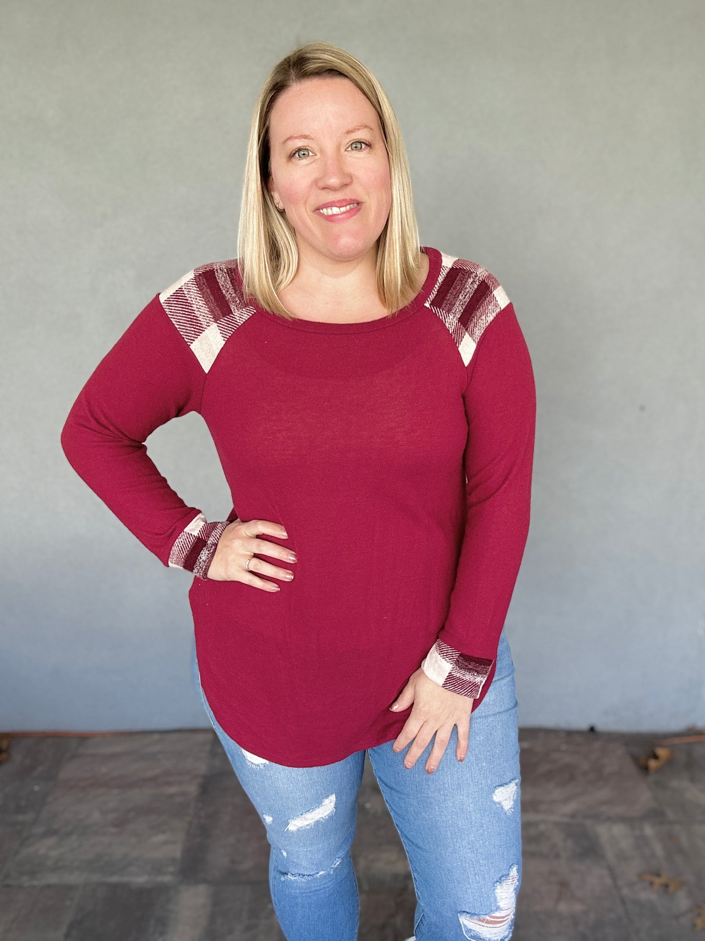 Burgundy Plaid Long Sleeve Top