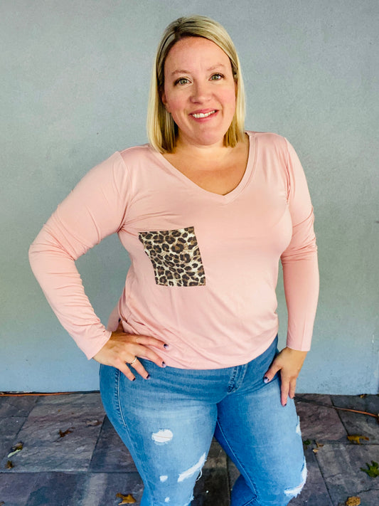 Leopard Pocket Long Sleeve Top - Rose