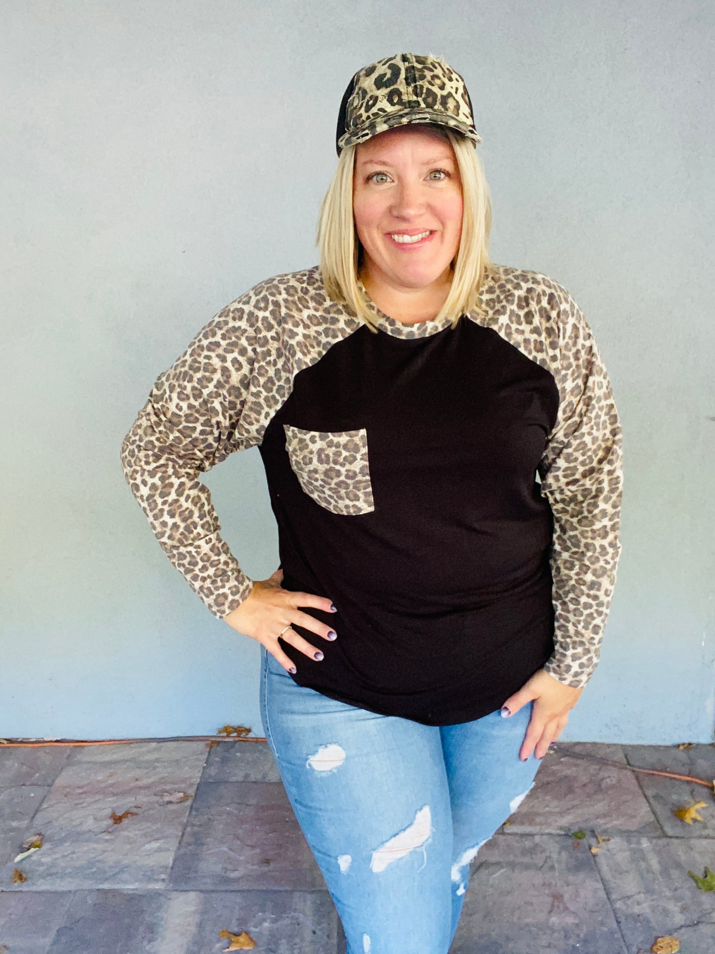 Leopard Raglan Sleeve Top - Black