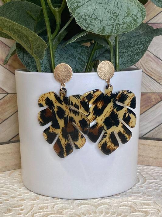 Leopard Monstera Leaf Earrings