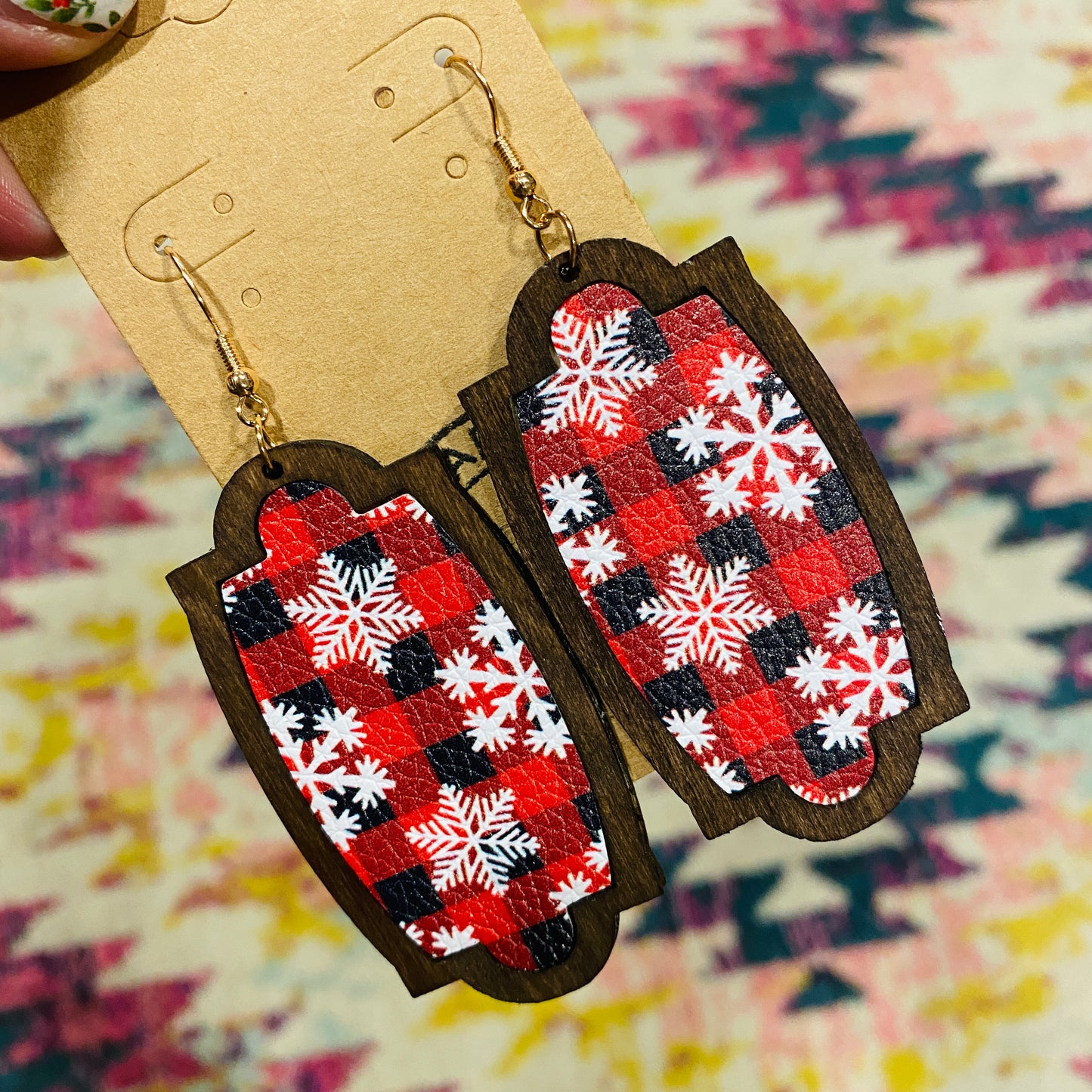 Snowflake Plaid Large Wood Earrings