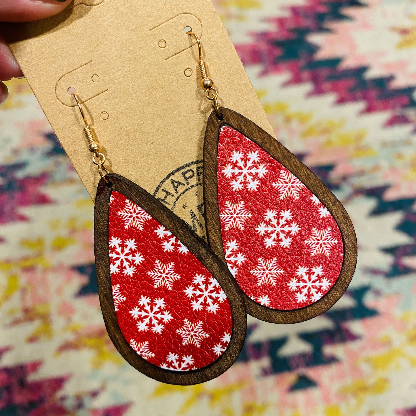 Red Snowflake large Wood Teardrop Earrings