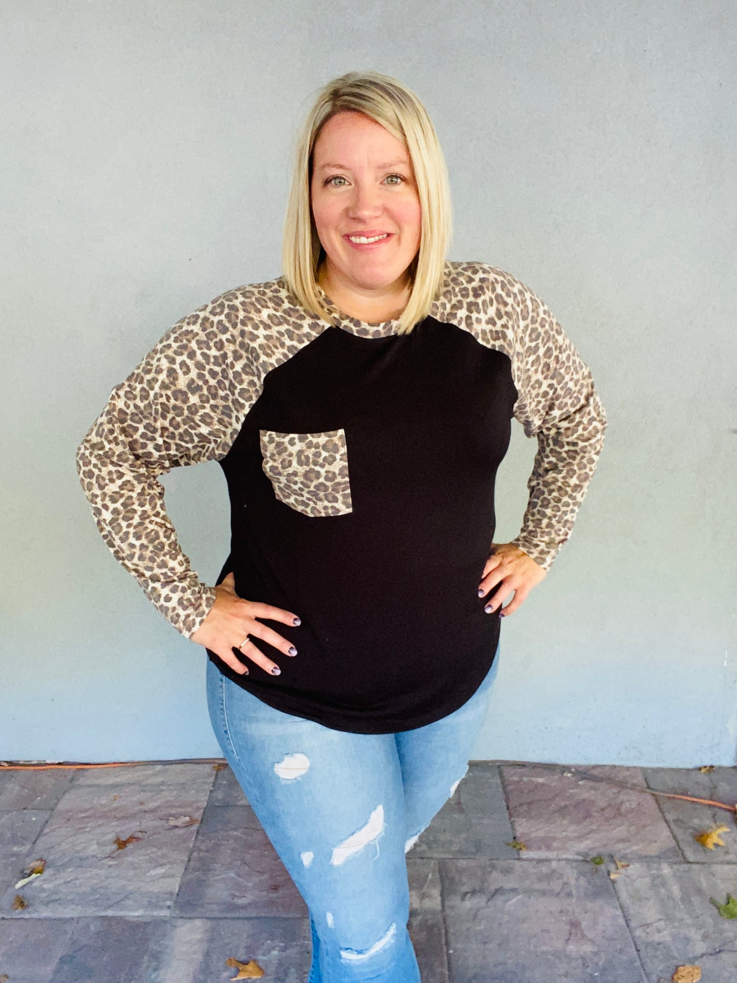 Leopard Raglan Sleeve Top - Black