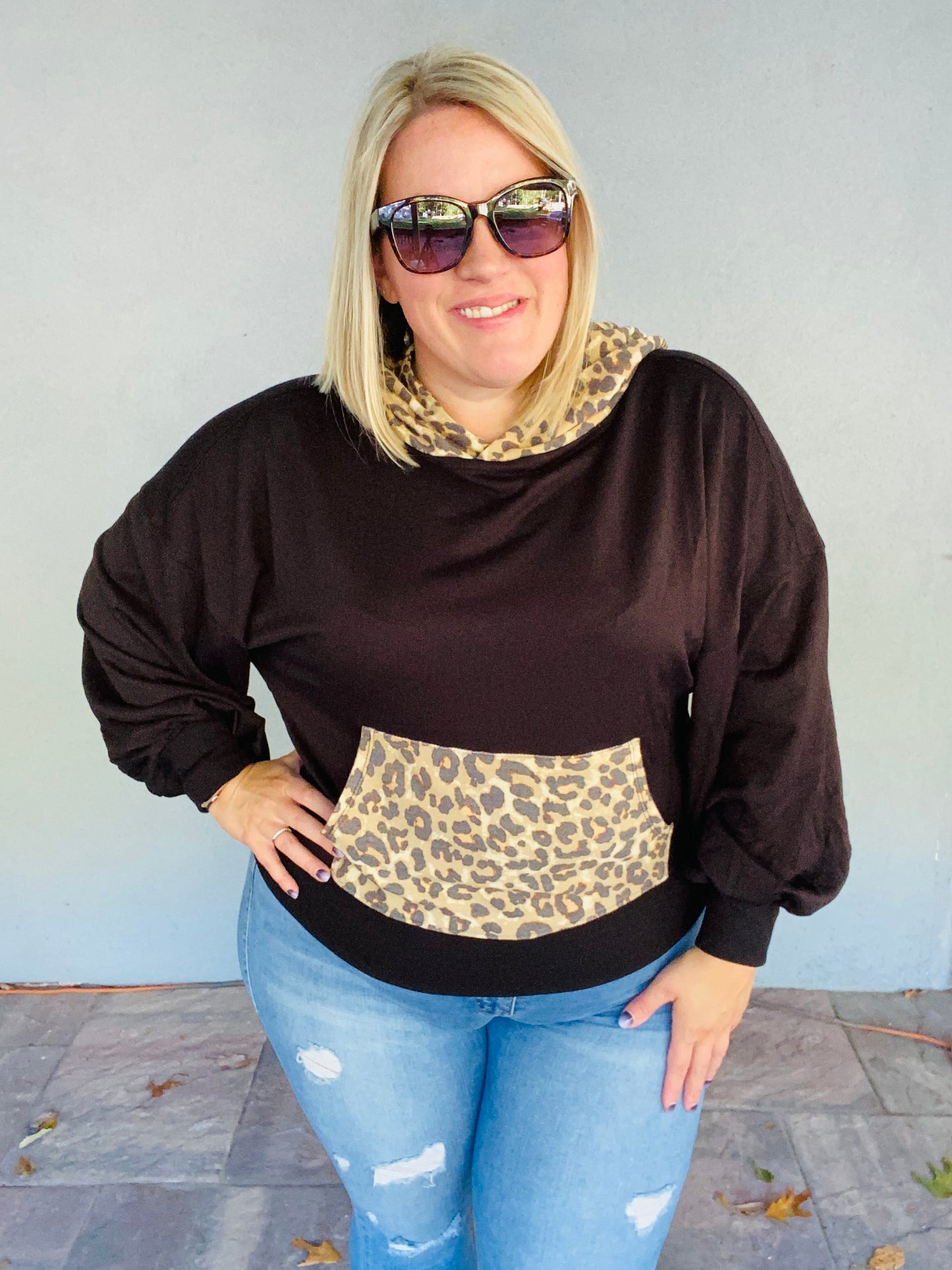 Balloon Sleeve Black Leopard Hoodie