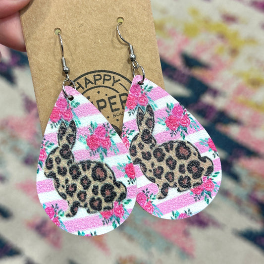 Floral Leopard Bunny Faux Leather Earring