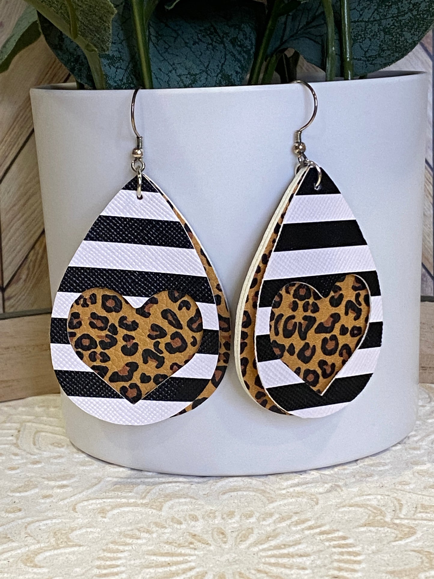 Hearts & Stripes Double Stacked Teardrop Faux Leather Earrings