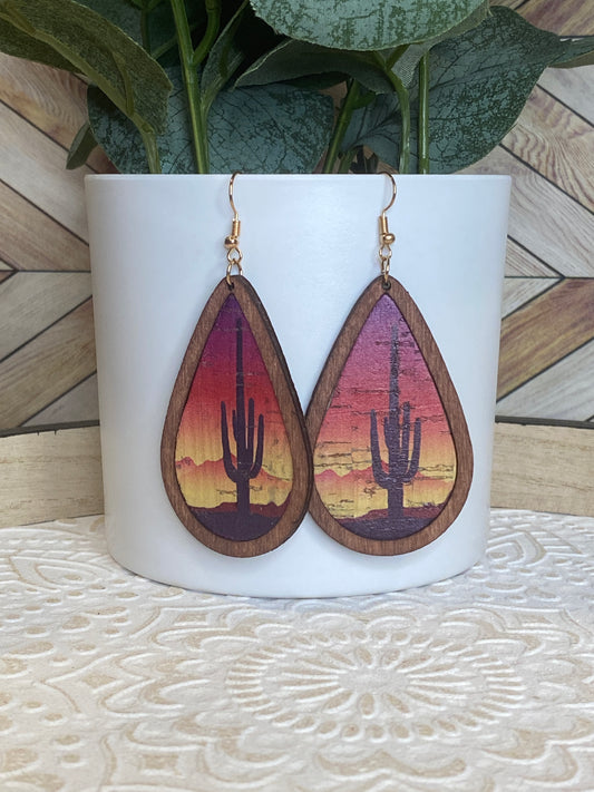 Desert Cactus Large wood Teardrop Earrings