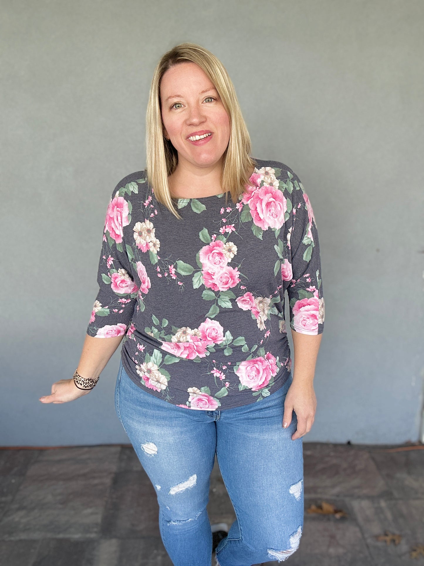 Pink Floral Dolman Sleeve Top