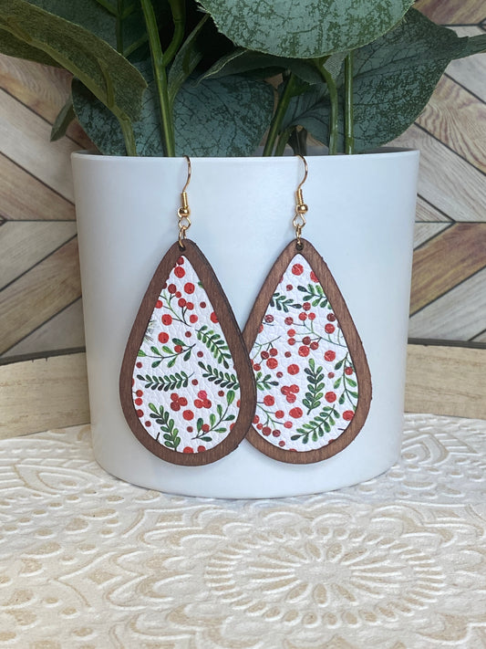 Winter Berry large Wood Teardrop Earrings